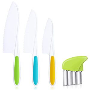 4 pcs kids knife toddler safe cutter serrated edges set for kitchen cooking plastic children's cooking friendly knife and crinkle cutter for fruit cake food vegetable (green, blue, yellow)