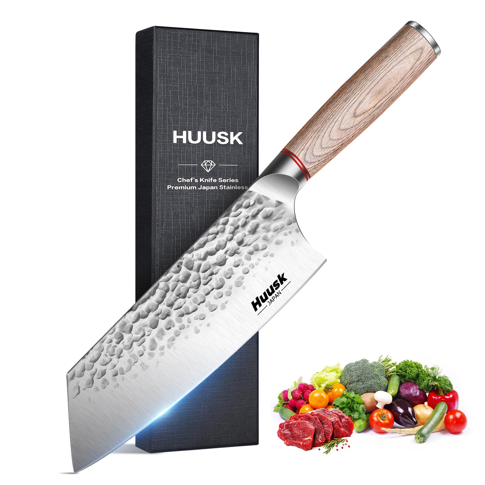 Huusk kitchen knives, 7.7-Inch Japanese Cleaver Knife Professional High Carbon Steel Butcher Knife for Vegetable Meat Cleavers with Wood Handle for Family Restaurant with Gift Box