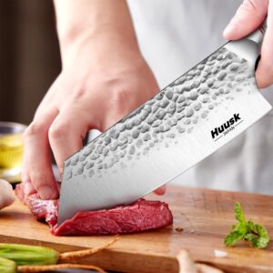 Huusk kitchen knives, 7.7-Inch Japanese Cleaver Knife Professional High Carbon Steel Butcher Knife for Vegetable Meat Cleavers with Wood Handle for Family Restaurant with Gift Box