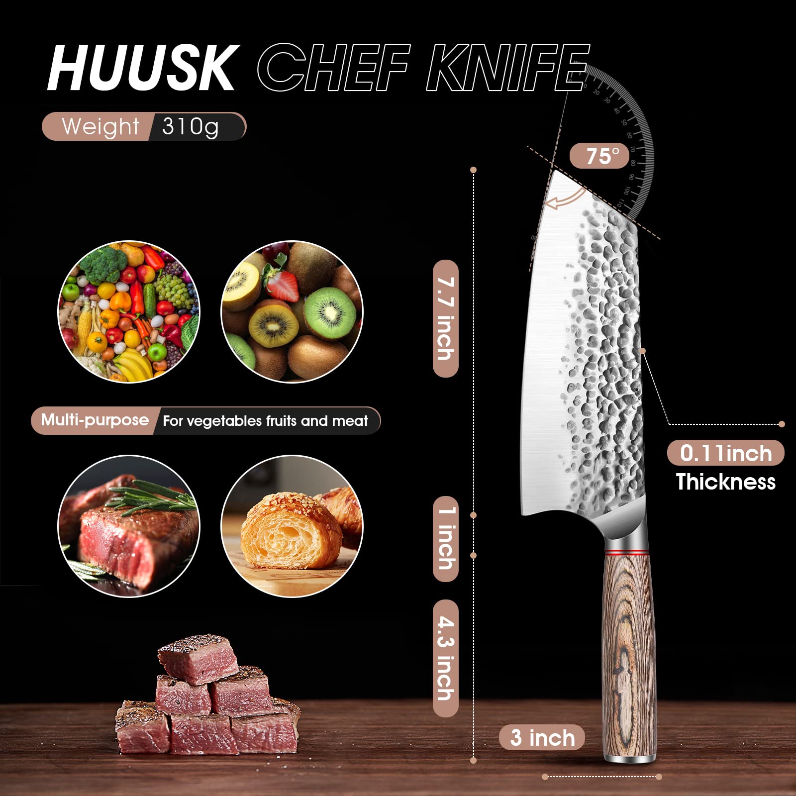 Huusk kitchen knives, 7.7-Inch Japanese Cleaver Knife Professional High Carbon Steel Butcher Knife for Vegetable Meat Cleavers with Wood Handle for Family Restaurant with Gift Box