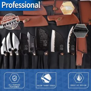 XYJ Authentic Since 1986,8 Pieces Camping Chef Knives Set With Roll Bag,Sheath,Vegetable Meat Knives,Serbian Boning Kitchen Butcher Knife,Outdoor Cooking Cutting,Full Tang