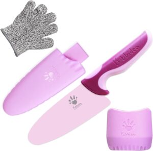 kibbidea kid chefs knife for real cooking, stainless steel kids kitchen knife, bpa-free kids friendly knife with finger guard, cut-proof glove, kids chef knives set for cutting (purple)