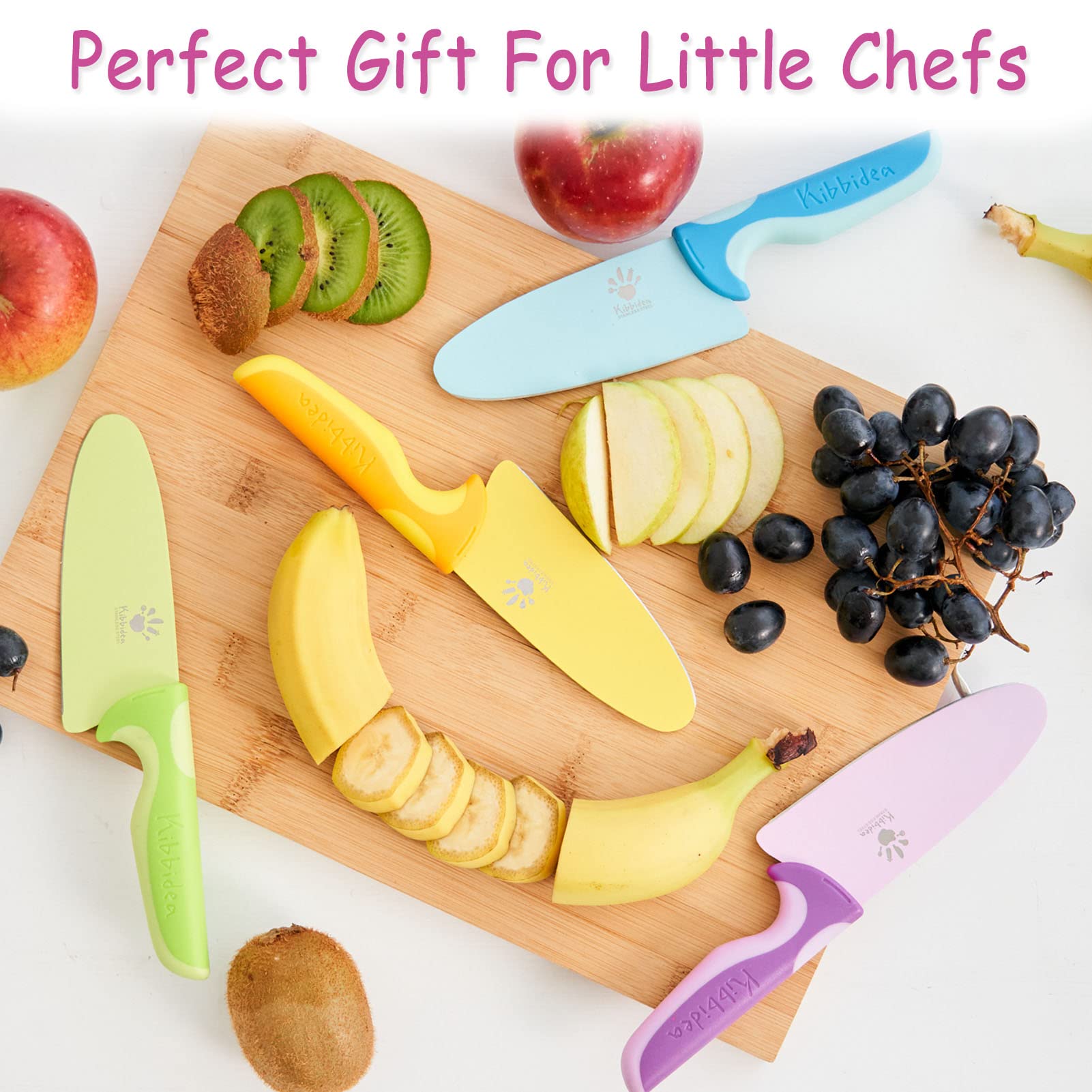 Kibbidea Kid Chefs Knife for Real Cooking, Stainless Steel Kids Kitchen Knife, BPA-Free Kids Friendly Knife with Finger Guard, Cut-proof Glove, Kids Chef Knives Set for Cutting (Purple)