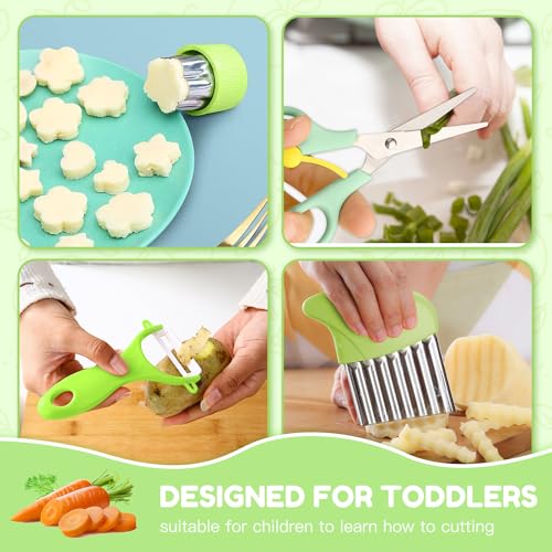 iAOVUEBY 18PCS Kids Knifes Set for Real Cooking, Wooden Toddler Knife 2PCS Cutting Board Kitchen Gloves Fruit Vegetable Crinkle Cutters Plastic Kid Safe Knives, Birthday Gifts for Girls & Boys Age 3-8