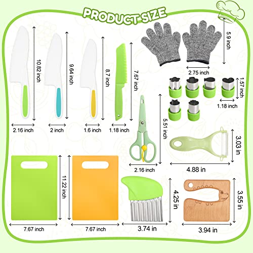 iAOVUEBY 18PCS Kids Knifes Set for Real Cooking, Wooden Toddler Knife 2PCS Cutting Board Kitchen Gloves Fruit Vegetable Crinkle Cutters Plastic Kid Safe Knives, Birthday Gifts for Girls & Boys Age 3-8