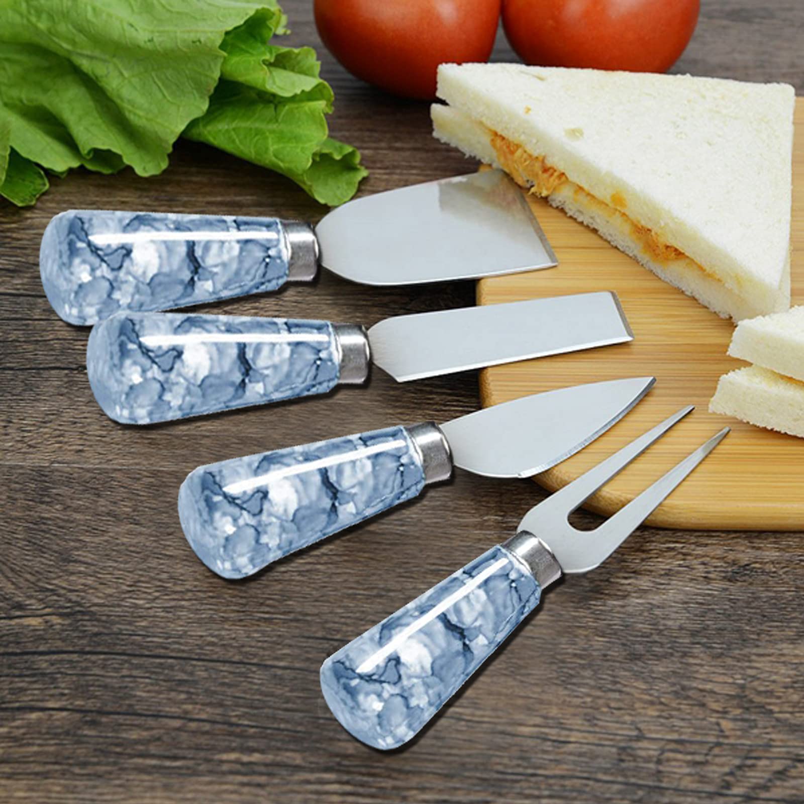 Lucgifou Cheese Knife Set, 4 Pieces Marble Cheese Spreader Knives Set,Cutter Butter Spreader with Ergonomic Ceramic Handle for Bread, Stainless Steel Cheese Spreader Knife