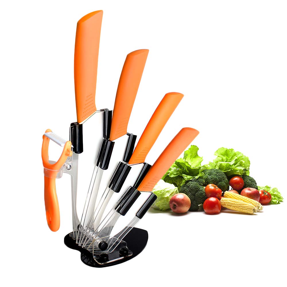 Ceramic Knife Set,Five Piece 6" Chef Knife, 5" Utility Knife, 4" Fruit Knife, 3" Paring Knife, 1'' Vegetable Fruit Peeler, Rust Proof And Stain Resistant, Kitchen Chef Knife Sharp Set (Orange)