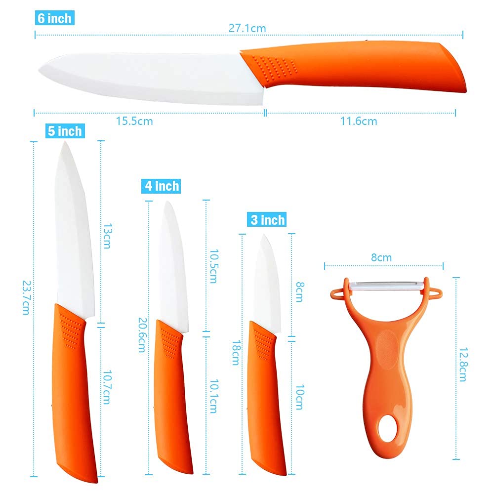 Ceramic Knife Set,Five Piece 6" Chef Knife, 5" Utility Knife, 4" Fruit Knife, 3" Paring Knife, 1'' Vegetable Fruit Peeler, Rust Proof And Stain Resistant, Kitchen Chef Knife Sharp Set (Orange)