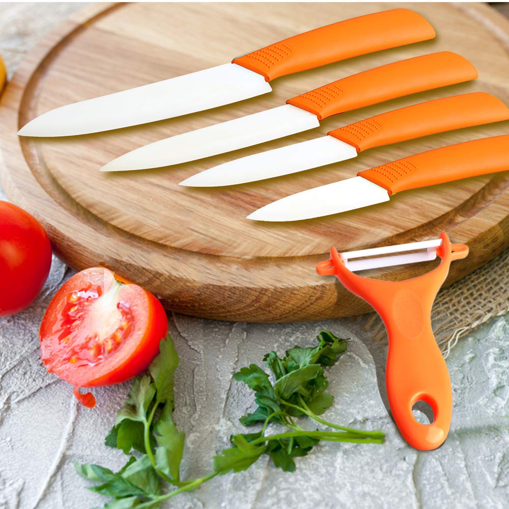 Ceramic Knife Set,Five Piece 6" Chef Knife, 5" Utility Knife, 4" Fruit Knife, 3" Paring Knife, 1'' Vegetable Fruit Peeler, Rust Proof And Stain Resistant, Kitchen Chef Knife Sharp Set (Orange)