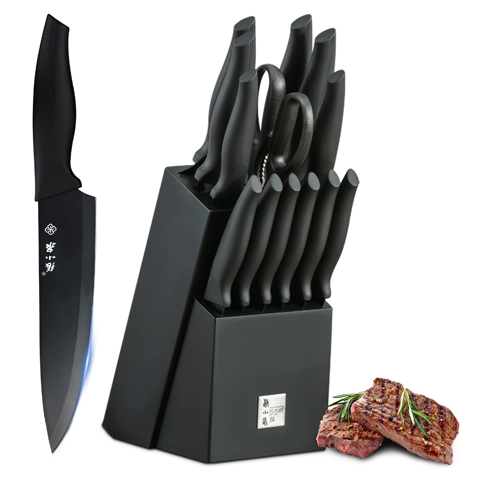 ZHANG XIAO QUAN Kitchen Knife Sets with Block, 14 Pieces High Carbon Stainless Steel Chef Knife Set, Steak Knives Set of 6, Full Tang Handle, Dishwasher Safe, Matte Black