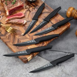 ZHANG XIAO QUAN Kitchen Knife Sets with Block, 14 Pieces High Carbon Stainless Steel Chef Knife Set, Steak Knives Set of 6, Full Tang Handle, Dishwasher Safe, Matte Black