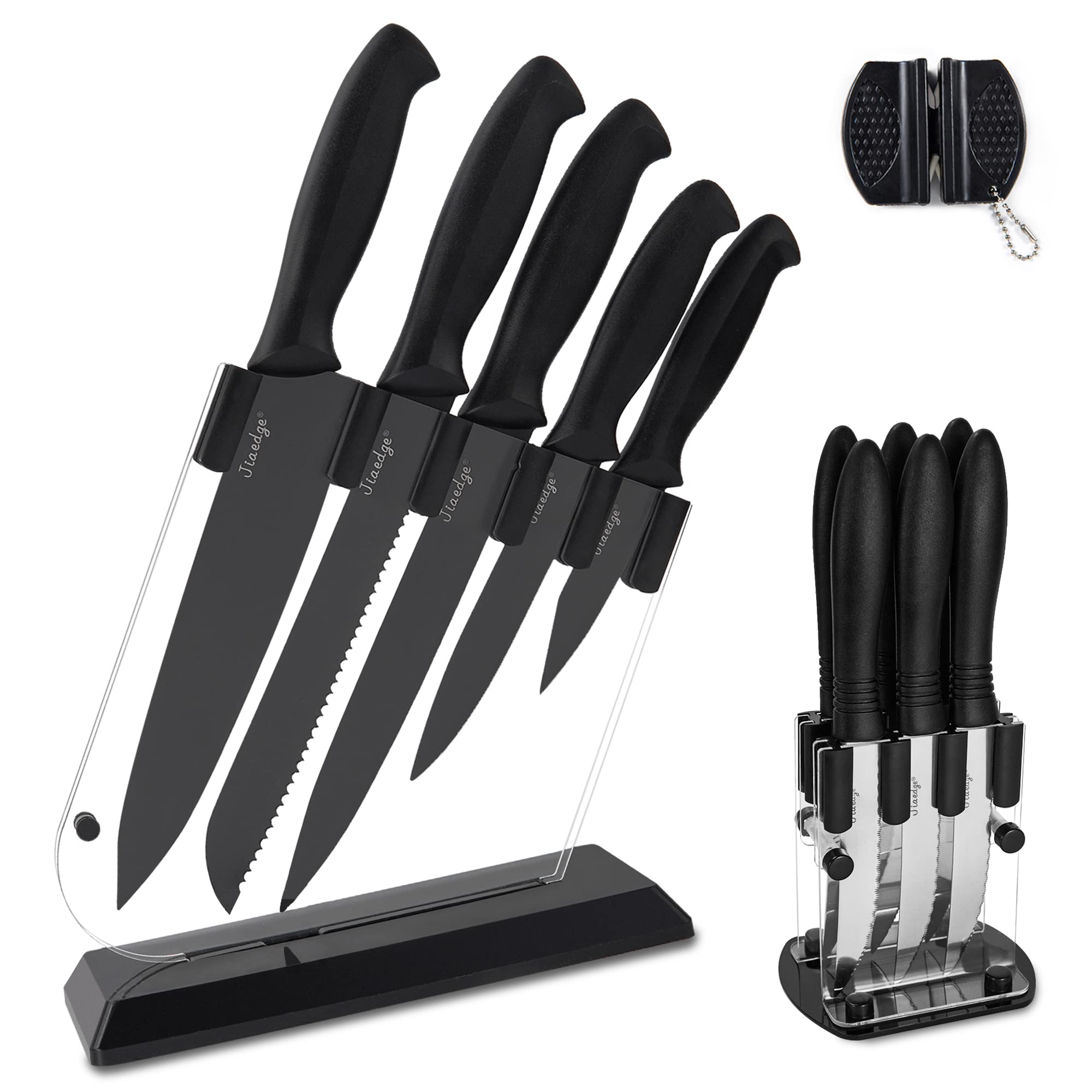 Knfie Set, Jiaedge 19 Pcs Kitchen Knife Set with Block, Dishwasher Safe Knife Block Set, 6 Serrated Steak Knives, Black