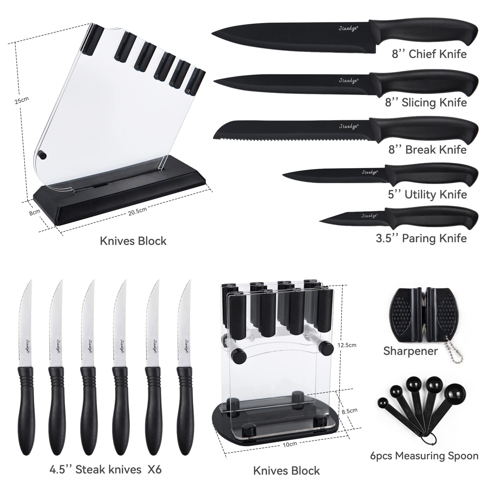 Knfie Set, Jiaedge 19 Pcs Kitchen Knife Set with Block, Dishwasher Safe Knife Block Set, 6 Serrated Steak Knives, Black