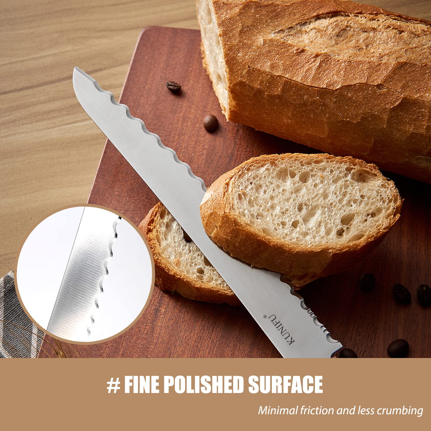KUNIFU Bread Knife, 9.0 Inch Serrated Knife For Homemade Bread, Bread Slicer For Sourdough Cake Bagels