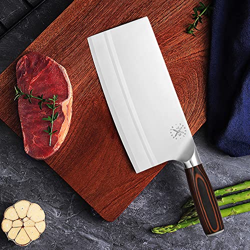 Tsuyoi Blades 7" Professional Stainless Steel Meat Cleaver - Ultra-Sharp Butcher Knife with Ergonomic Pakkawood Handle for Meat & Vegetable, Perfect for Home & Commercial Kitchen Use