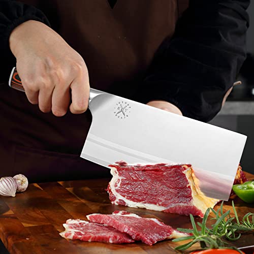 Tsuyoi Blades 7" Professional Stainless Steel Meat Cleaver - Ultra-Sharp Butcher Knife with Ergonomic Pakkawood Handle for Meat & Vegetable, Perfect for Home & Commercial Kitchen Use