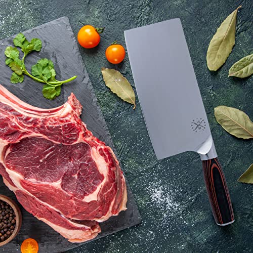 Tsuyoi Blades 7" Professional Stainless Steel Meat Cleaver - Ultra-Sharp Butcher Knife with Ergonomic Pakkawood Handle for Meat & Vegetable, Perfect for Home & Commercial Kitchen Use