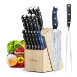 kitchen knife set, paris rhÔne 16-piece high-carbon stainless steel knife set with block, chef knife, bread knife, paring knife, built-in sharpener, ergonomic abs full tang handle, all-in-one
