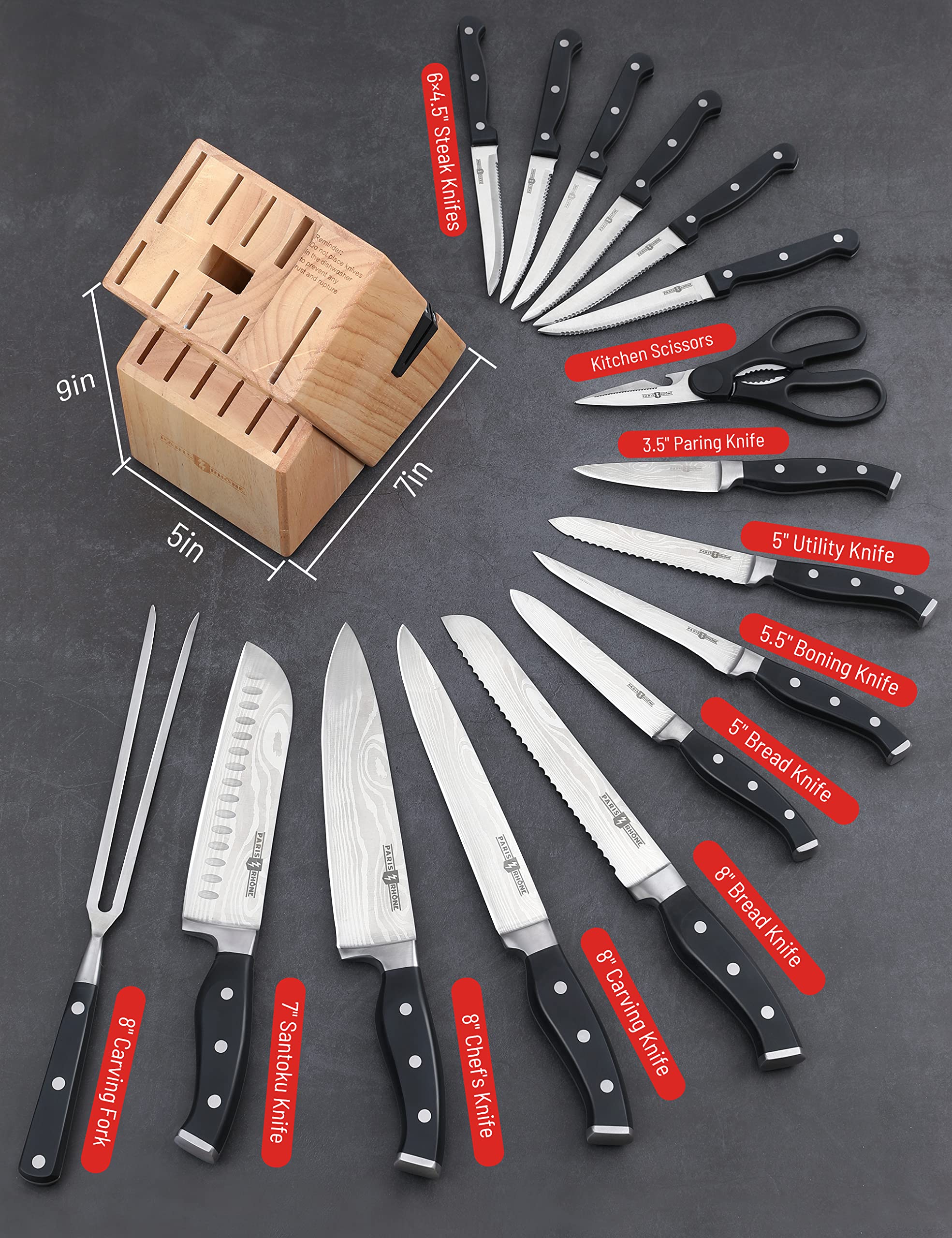 Kitchen Knife Set, PARIS RHÔNE 16-Piece High-Carbon Stainless Steel Knife Set with Block, Chef Knife, Bread Knife, Paring Knife, Built-in Sharpener, Ergonomic ABS Full Tang Handle, All-in-One