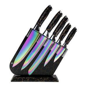 rainbow knife set, non stick kitchen knives set with acrylic block, 6 piece stainless steel knives, marbling handle chef quality for home & pro use, best gift (black handle)