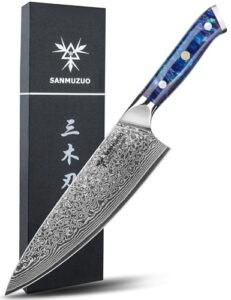sanmuzuo chef knife - 8 inch - xuan series - vg10 damascus steel kitchen knife - resin handle (sapphire blue)