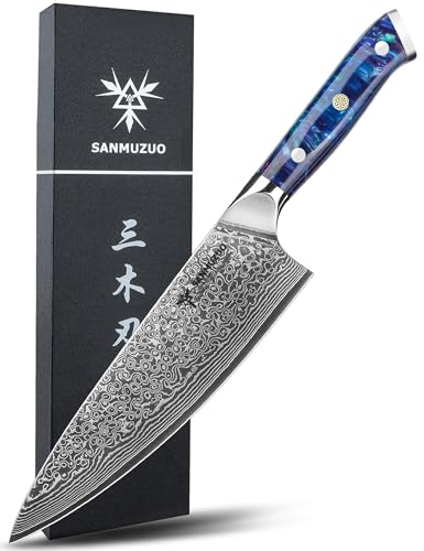 SANMUZUO Chef Knife - 8 inch - Xuan Series - VG10 Damascus Steel Kitchen Knife - Resin Handle (Sapphire Blue)