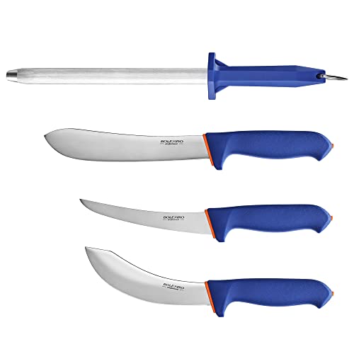 BOLEXINO 4 Piece Butcher Knife Set W/Non-slip Softgrip, German Stainless Steel Chef Knife Set,Meat Processing Set for Home Kitchen,Slaughterhouse And Restaurant (Blue)