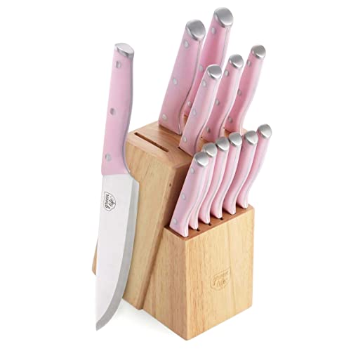GreenLife High Carbon Stainless Steel 13 Piece Wood Knife Block Set with Chef Steak Knives and more, Comfort Grip Handles, Triple Rivet Cutlery, Soft Pink