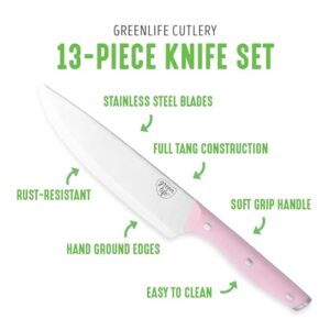 GreenLife High Carbon Stainless Steel 13 Piece Wood Knife Block Set with Chef Steak Knives and more, Comfort Grip Handles, Triple Rivet Cutlery, Soft Pink