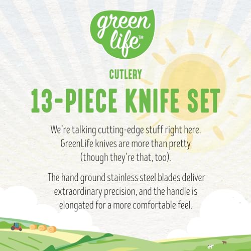 GreenLife High Carbon Stainless Steel 13 Piece Wood Knife Block Set with Chef Steak Knives and more, Comfort Grip Handles, Triple Rivet Cutlery, Soft Pink