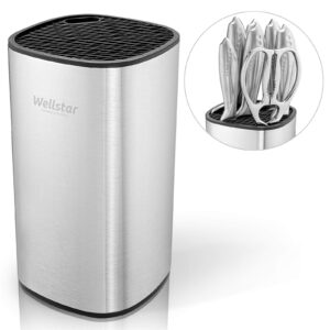 wellstar universal knife block holder, stainless steel knife stand without knives, safe space saver large volume stable knife storage with scissors slot, detachable for easy cleaning - square