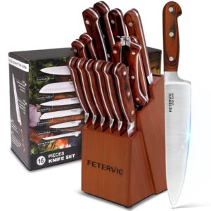 fetervic knife set -16 pcs high carbon kitchen knife sets wooden block with chef knife, 6 pieces steak knives, bread knife, sharpener rod and kitchen scissors - best gift