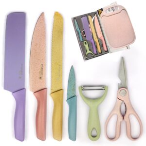 chuyiren knife set, colorful kitchen knife set 7 pcs, high carbon stainless steel cute knife set with non-stick coating and cutting board for cooking, camping, rv travel, and dorm,gift box