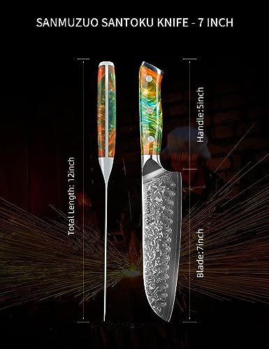 SANMUZUO Santoku Knife - 7 inch - Xuan Series - VG10 Damascus Steel Kitchen Knife - Resin Handle (Fantasy Orange)