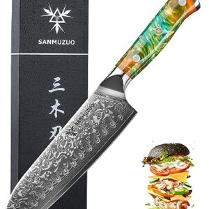 SANMUZUO Santoku Knife - 7 inch - Xuan Series - VG10 Damascus Steel Kitchen Knife - Resin Handle (Fantasy Orange)