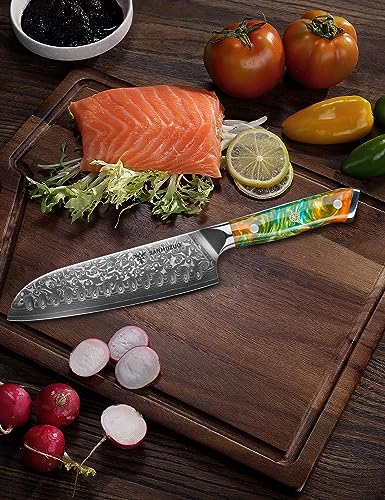 SANMUZUO Santoku Knife - 7 inch - Xuan Series - VG10 Damascus Steel Kitchen Knife - Resin Handle (Fantasy Orange)