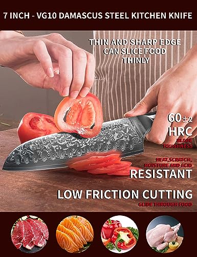 SANMUZUO Santoku Knife - 7 inch - Xuan Series - VG10 Damascus Steel Kitchen Knife - Resin Handle (Fantasy Orange)