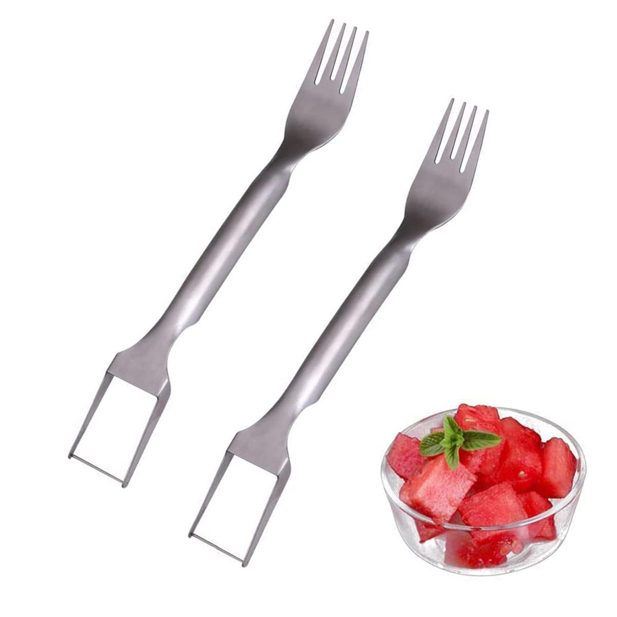 2 PCS 2-in-1 Watermelon Fork Slicer, 2023 New Watermelon Slicer Cutter Summer Watermelon Fruit Cutting Fork, Stainless Steel Fruit Forks Slicer Knife for Family Parties Camping