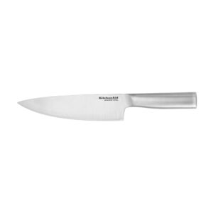 kitchenaid gourmet forged triple-rivet chef knife with custom-fit blade cover, 8-inch, sharp kitchen knife, high-carbon japanese stainless steel blade, black