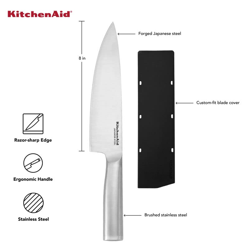 KitchenAid Gourmet Forged Triple-Rivet Chef Knife with Custom-Fit Blade Cover, 8-inch, Sharp Kitchen Knife, High-Carbon Japanese Stainless Steel Blade, Black