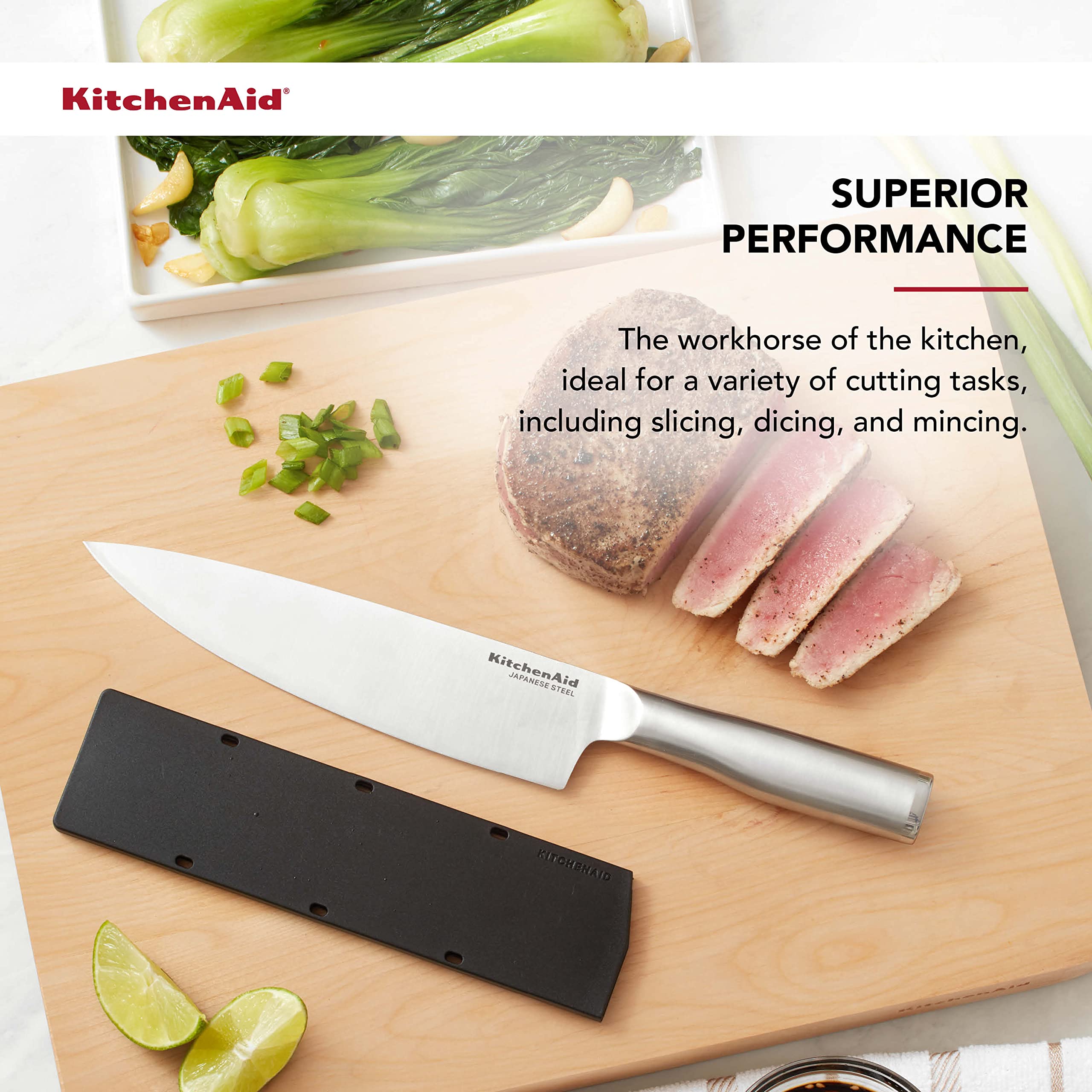 KitchenAid Gourmet Forged Triple-Rivet Chef Knife with Custom-Fit Blade Cover, 8-inch, Sharp Kitchen Knife, High-Carbon Japanese Stainless Steel Blade, Black