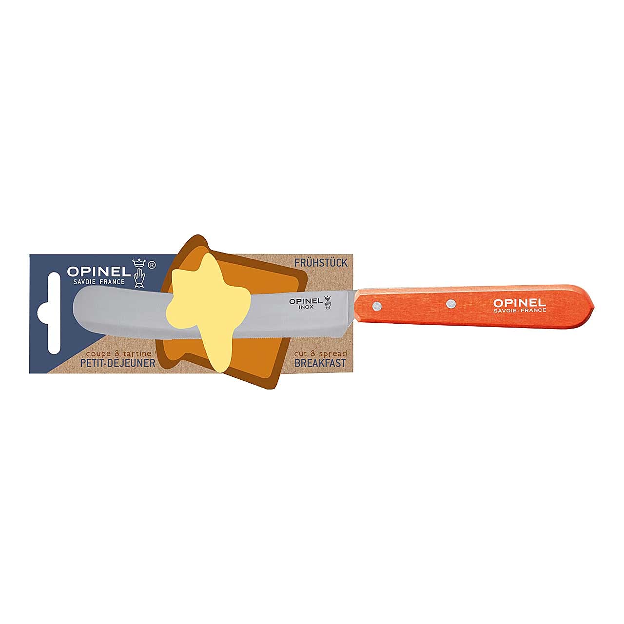 Opinel Brunch Knife - Multi-Use Spreading, Micro-Serrated, Rounded Blade Knife for Cutting Bagels Bread, Painted Tangerine Hornbeam Handles, Sandvik 12C27 Blade, Made in France (Tangerine)