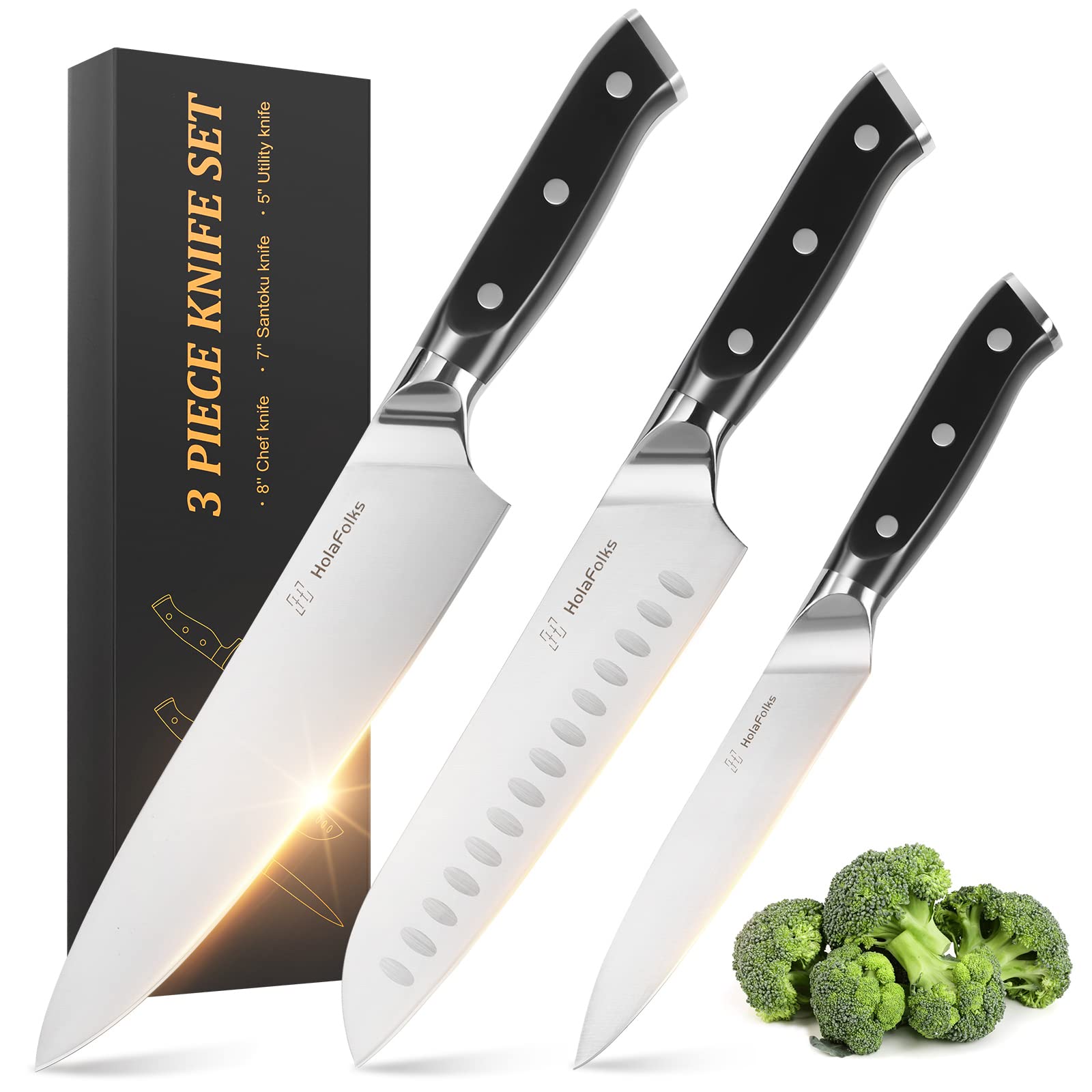 HolaFolks Kitchen Magnetic Knife Block with Acrylic Shield Double Side Knife Holder Rack Magnetic Stands&3 PCS Professional Sharp Chef Knife Set