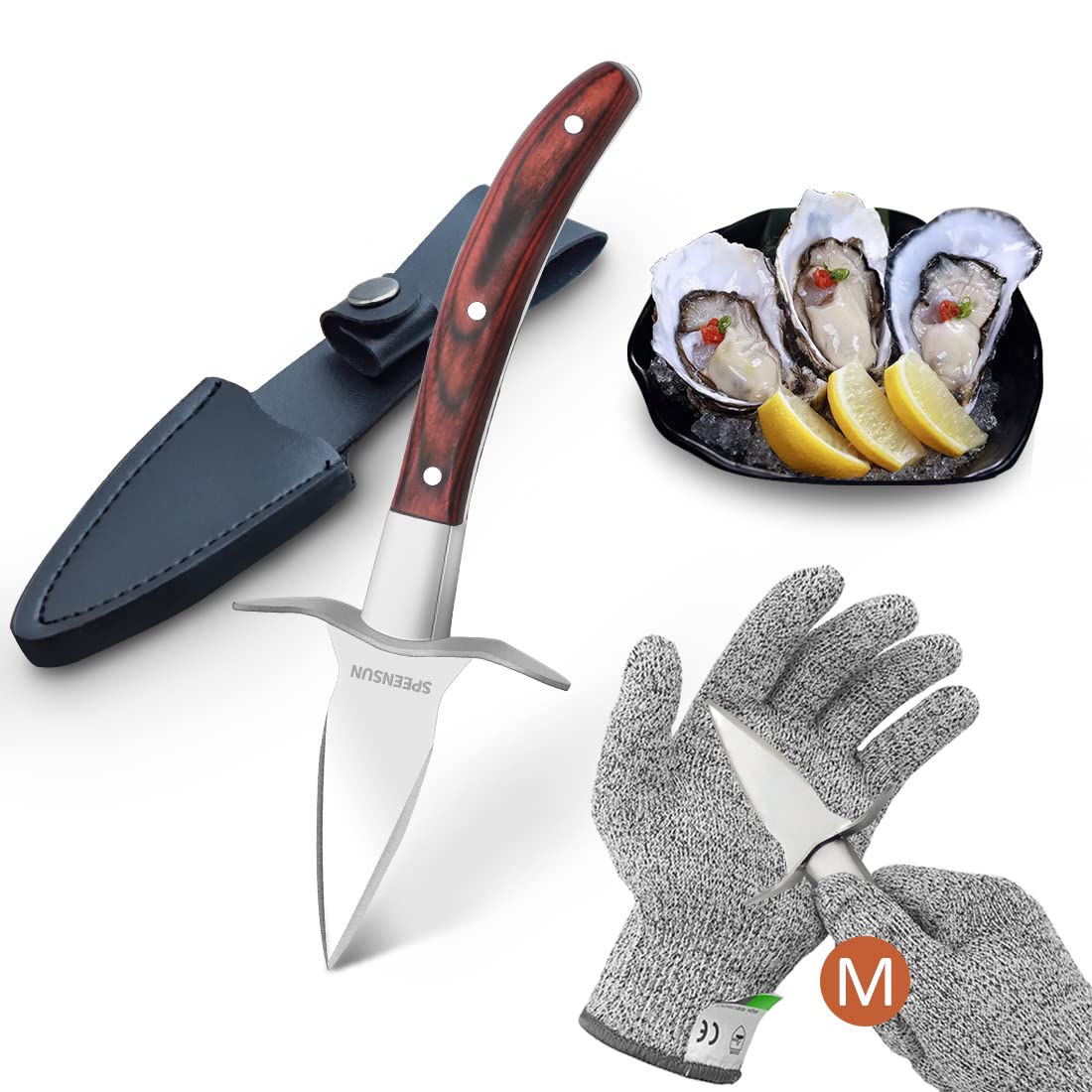 SPEENSUN Oyster Knife, Oyster Shucking Kit, Oyster Shucking Knife With Comfort Wood-handle, Sturdy And Sharpness Oyster Knives, Oyster Shucker With 5 leve Protection Cut-resistant Glove(M)