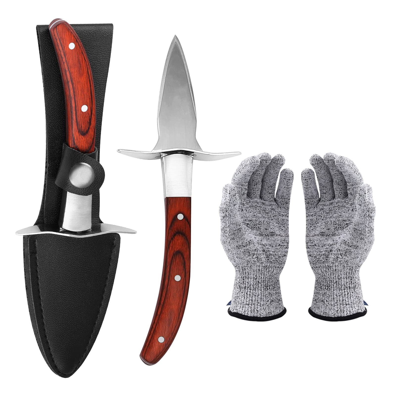 WENDOM Oyster Shucking Knife Pakka Wood Handle Oyster Shucker Opener Tool with Full Tang Blade, 2Knives+ Leather Sheath+Cut Resistant Gloves