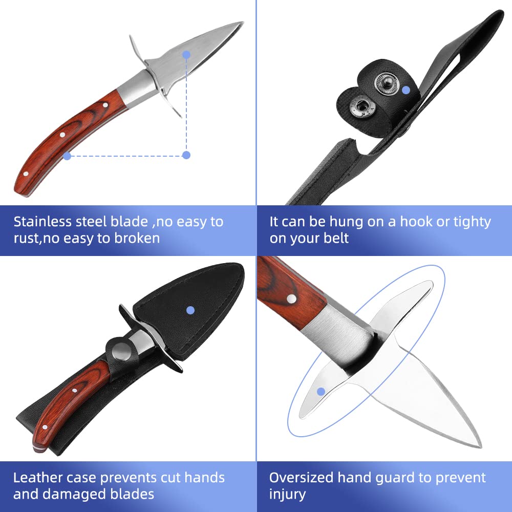 WENDOM Oyster Shucking Knife Pakka Wood Handle Oyster Shucker Opener Tool with Full Tang Blade, 2Knives+ Leather Sheath+Cut Resistant Gloves