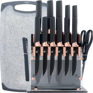 HL ZHUJIABAO Black Kitchen Knife Block Set with Cutting Board 15PCS Professional Sharp Chef Knife Set with Peeler & Scissor Cutlery Knives Set with Steak Knives as Gift