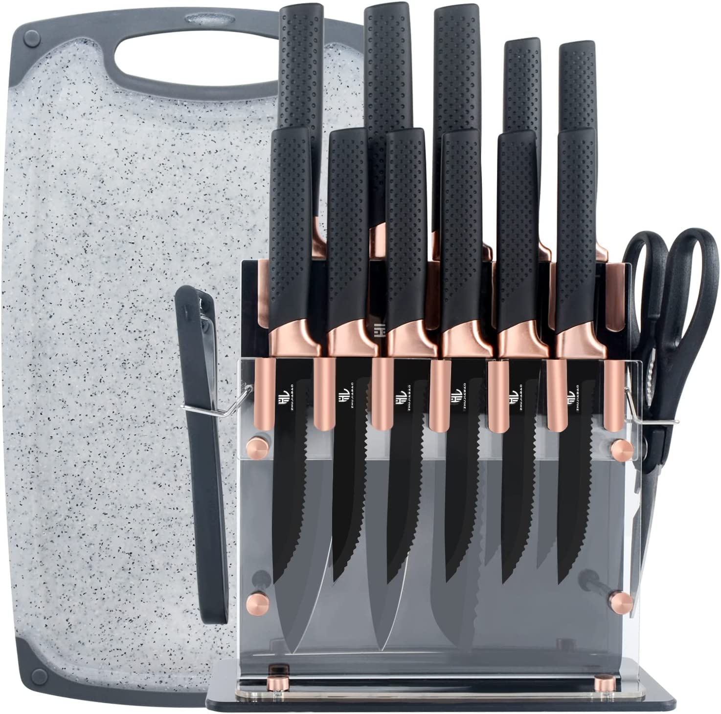 HL ZHUJIABAO Black Kitchen Knife Block Set with Cutting Board 15PCS Professional Sharp Chef Knife Set with Peeler & Scissor Cutlery Knives Set with Steak Knives as Gift