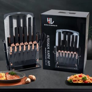 HL ZHUJIABAO Black Kitchen Knife Block Set with Cutting Board 15PCS Professional Sharp Chef Knife Set with Peeler & Scissor Cutlery Knives Set with Steak Knives as Gift