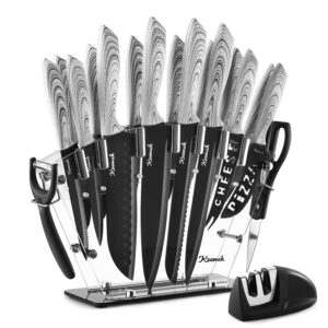 keewah 19 pieces kitchen knife set, 15 stainless steel knives with wood texture handle, acrylic stand, scissors, peeler and knife sharpener
